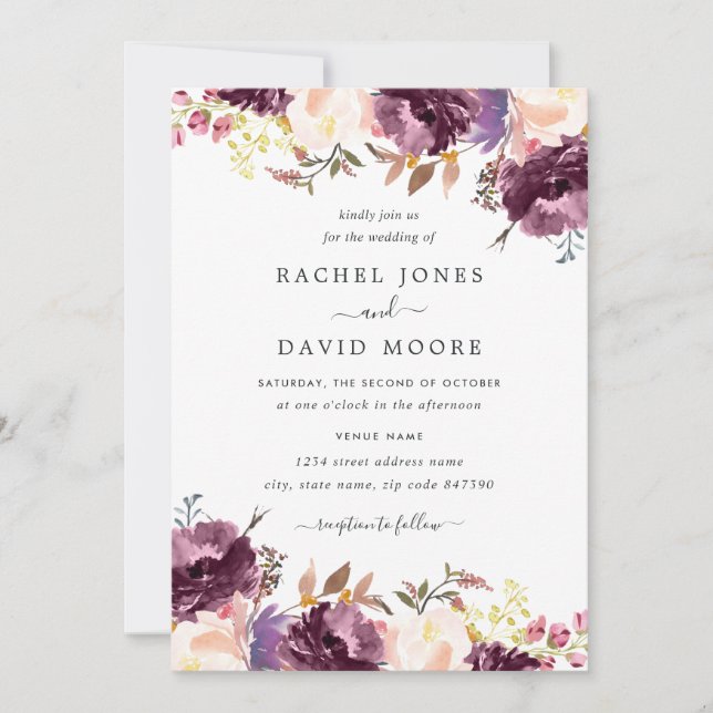 Invitación de Boda con Flor de Acuarela Púrpura en (Anverso)