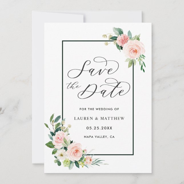 Invitación de boda con flor de acuarela rosa sonro (Anverso)