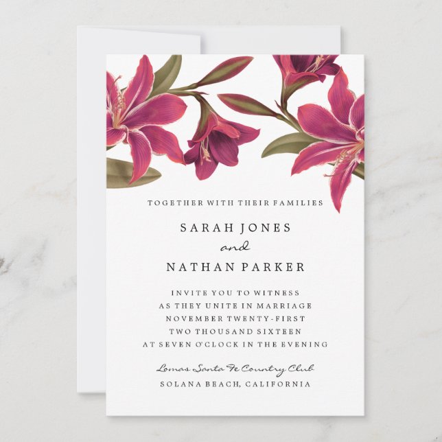 Invitación de boda con flor de amarilis rosa (Anverso)