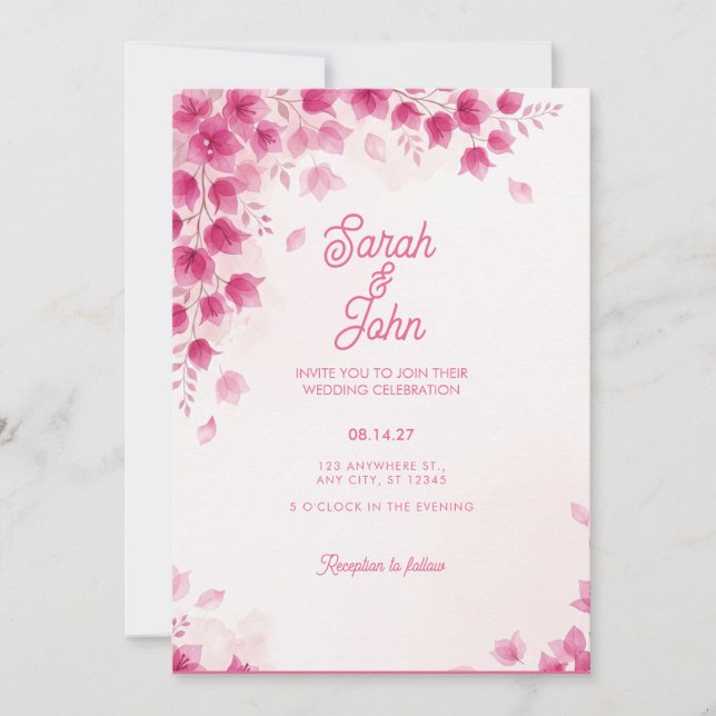 Invitación de boda con flor de buganvilla magenta (Anverso)