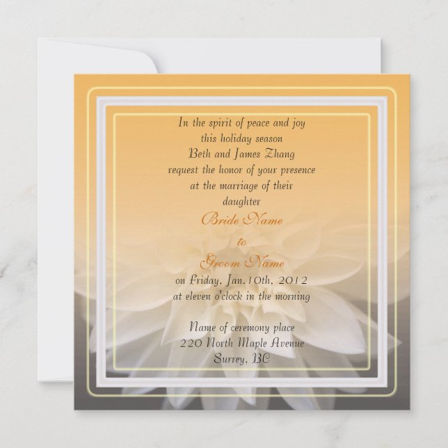 invitación de boda con flor de dalia blanca (Anverso)