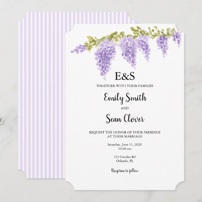 Invitación de boda con flor de glicina y franja pú (Anverso / Reverso)