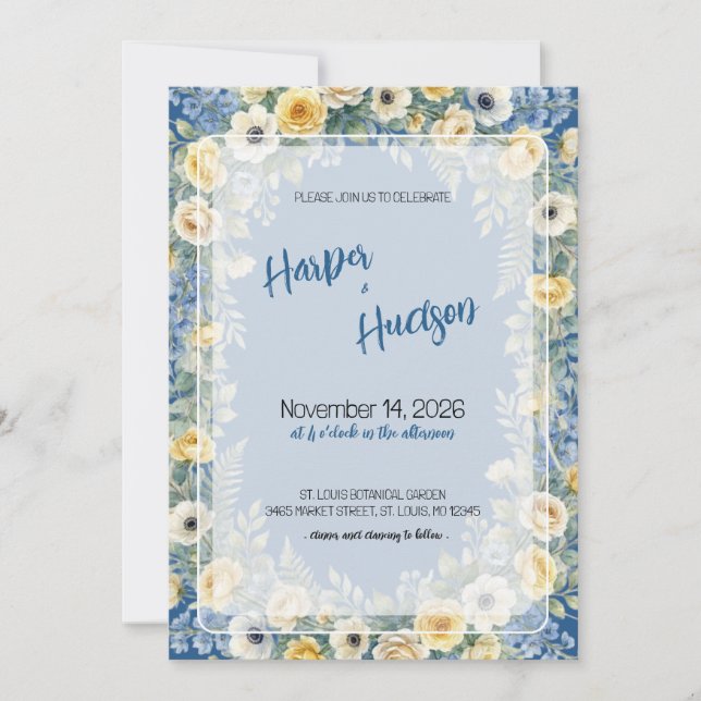 Invitación de boda con flor de índigo y amarillo (Anverso)