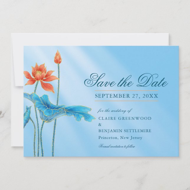Invitación de boda con flor de loto floral azul pa (Anverso)