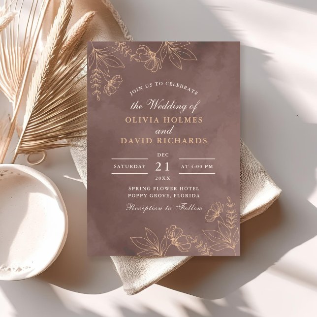 Invitación de Boda con Flor de Melocotón de Terrac (Terracotta Peach Floral Blossom Wedding Invitation on a sunny boho table.)
