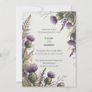 Invitación de boda con flor silvestre de cardo púr