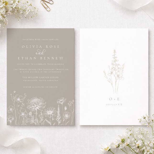 Invitación de Boda con Flor Silvestre Neutral de C (Taupe Wedding Invitation)