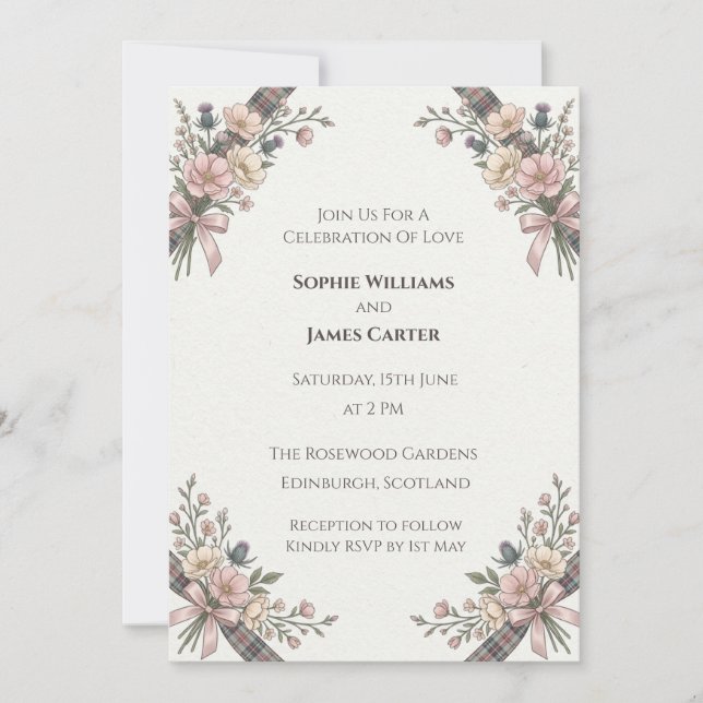 Invitación de boda con flor silvestre rosada (Anverso)