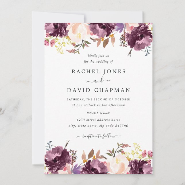 Invitación de Boda con Floral de Aquarela Morada e (Anverso)