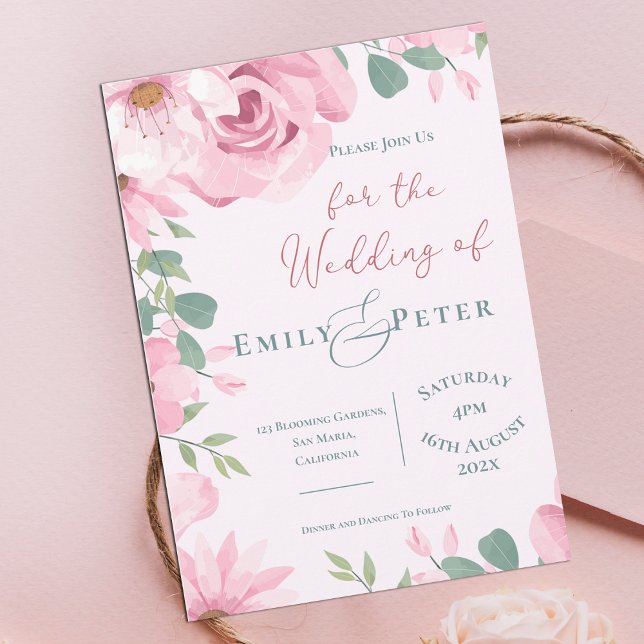 Invitación de Boda con Florales Elegantes de Rosa  (Elegant Blush Pink Florals Wedding Invitation)