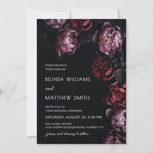 Invitación de boda con flores 3D Dark Moody (Anverso)