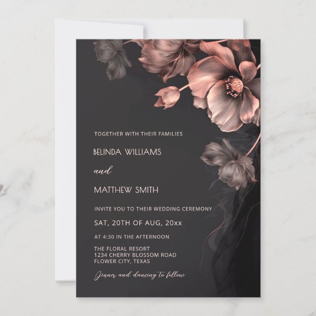 Invitación de boda con flores 3D metálicas rosa ru (Anverso)