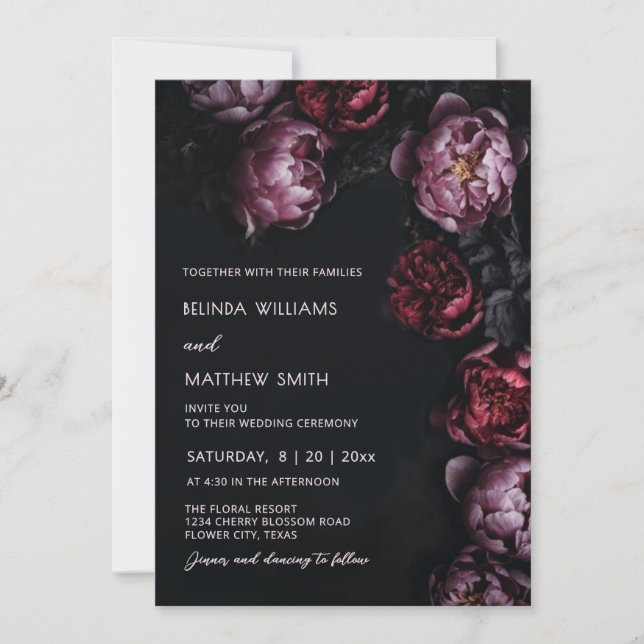 Invitación de boda con flores 3D oscuras y tempera (Anverso)