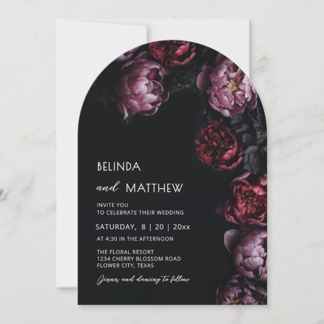 Invitación de boda con flores 3D oscuras y tempera (Anverso)