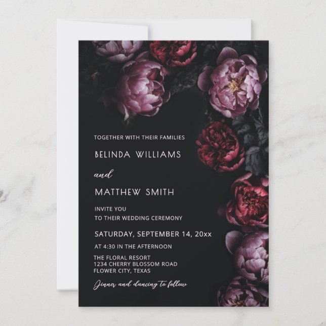 Invitación de boda con flores 3D oscuras y tempera (Anverso)