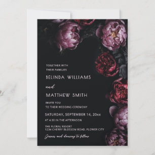Invitación de boda con flores 3D oscuras y tempera