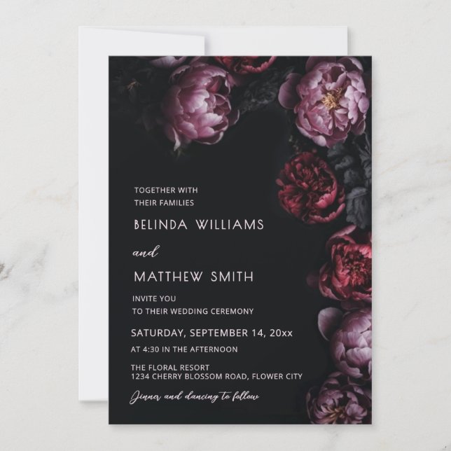 Invitación de boda con flores 3D oscuras y tempera (Anverso)