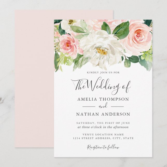 Invitación de Boda con Flores Acuarela Rosadas (Anverso / Reverso)