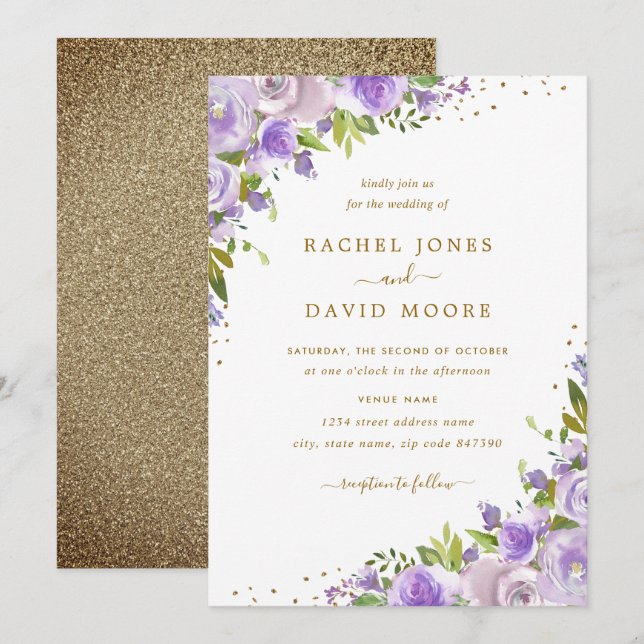 Invitación de boda con flores acuarelas doradas y  (Anverso / Reverso)