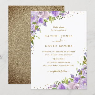 Invitación de boda con flores acuarelas doradas y 