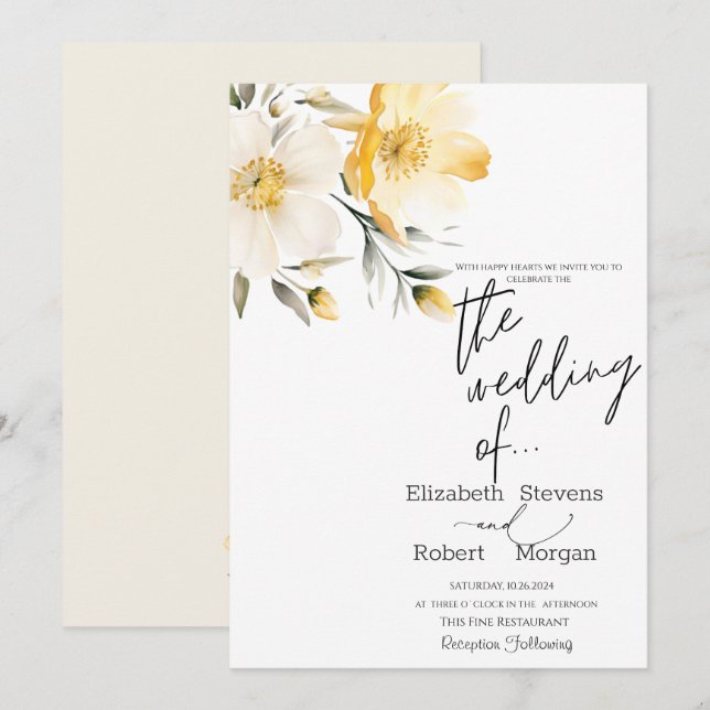 Invitación de Boda con Flores Amarillas Elegantes (Anverso / Reverso)