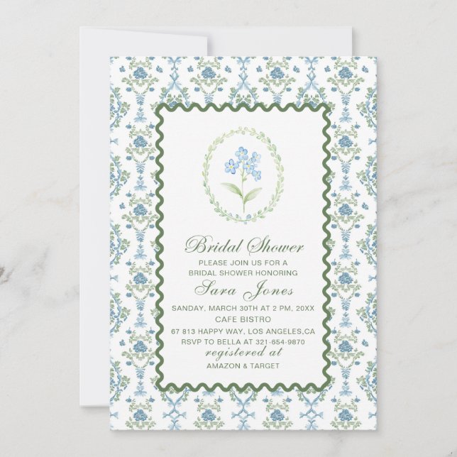 Invitación de boda con flores azules de acuarela m (Anverso)
