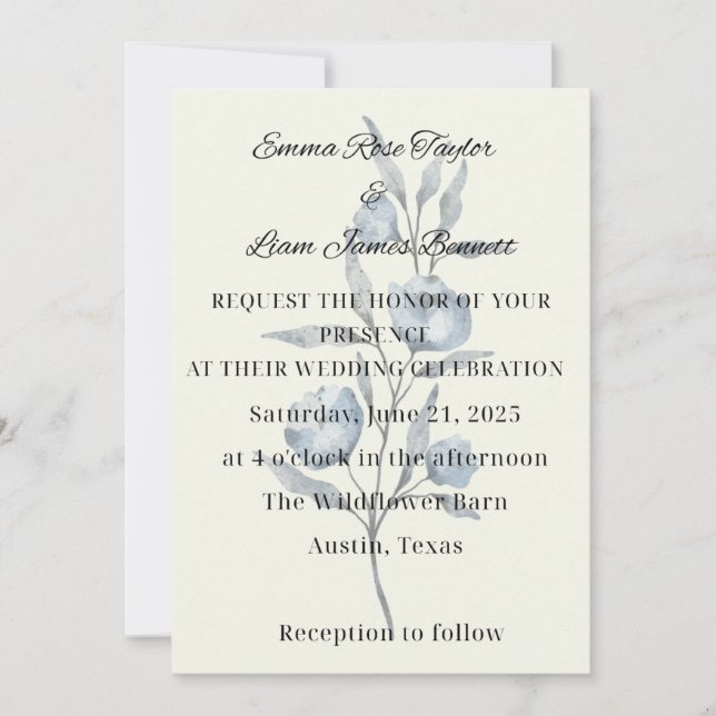 Invitación de boda con flores azules de Chinoiseri (Anverso)