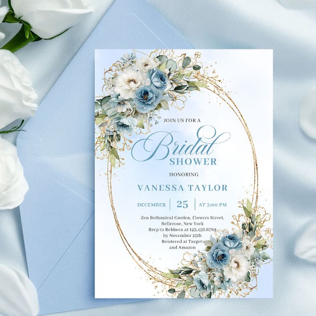 Invitación de boda con flores azules polvorientas  (Soft Dusty Blue Floral Script Bridal Shower Invitation)