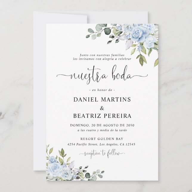 Invitación de Boda con Flores Azules Polvorientas  (Anverso)