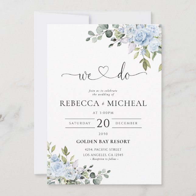 Invitación de Boda con Flores Azules Polvorientas  (Anverso)