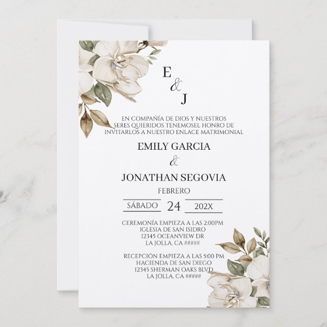 invitación de boda con flores blancas  (Anverso)