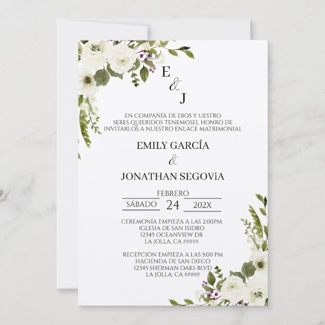 invitación de boda con flores blancas  (Anverso)