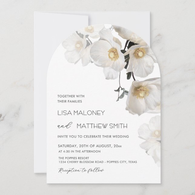 Invitación de boda con flores blancas delicadas (Anverso)