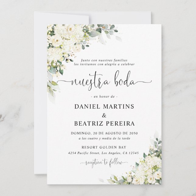 Invitación de Boda con Flores Blancas Elegantes (Anverso)