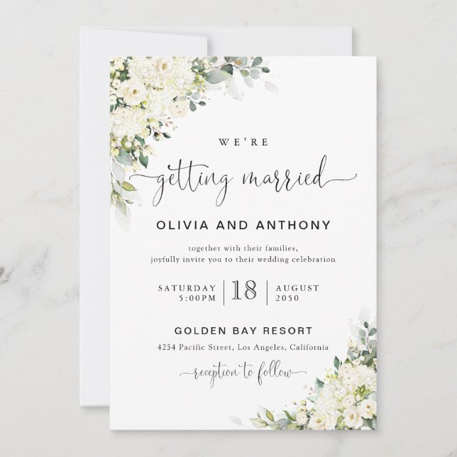 Invitación de Boda con Flores Blancas Elegantes (Anverso)