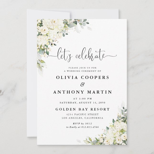 Invitación de boda con flores blancas elegantes (Anverso)