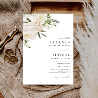 Invitación de boda con flores blancas en acuarela