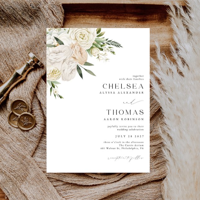 Invitación de boda con flores blancas en acuarela  (Subido por el creador)
