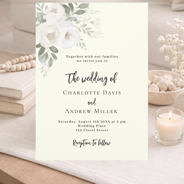 Invitación de boda con flores blancas marfil (Subido por el creador)