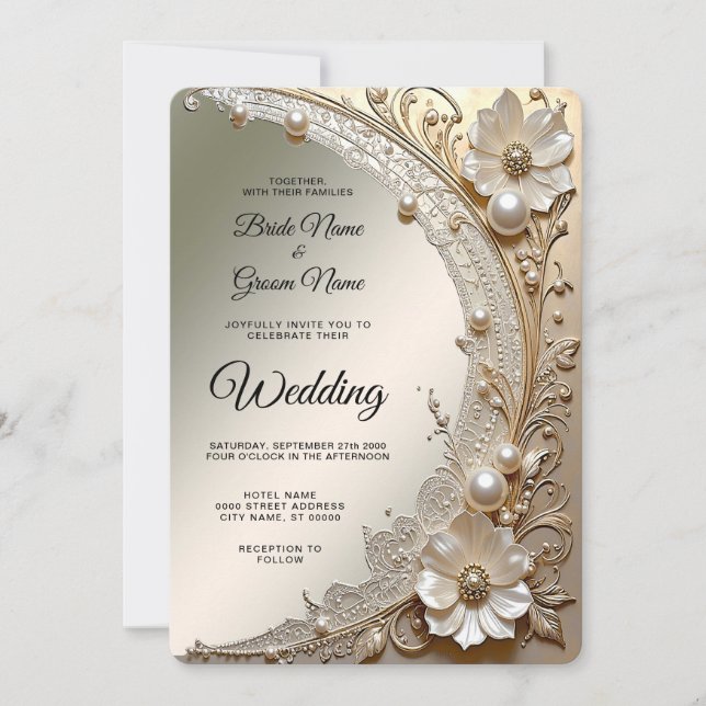 Invitación de boda con flores blancas modernas y p (Anverso)