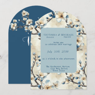 Invitación de boda con flores blancas y azules de