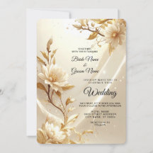 Invitación de boda con flores blancas y doradas