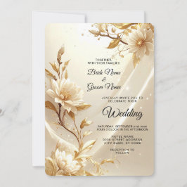 Invitación de boda con flores blancas y doradas