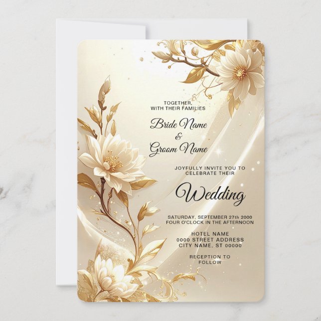 Invitación de boda con flores blancas y doradas (Anverso)