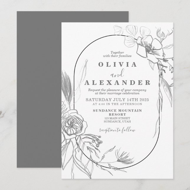 Invitación de boda con flores blancas y grises (Anverso / Reverso)