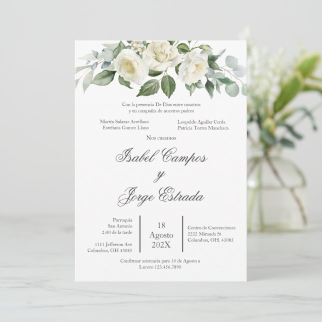 Invitación de boda con flores blancas y vegetación (Anverso de pie)