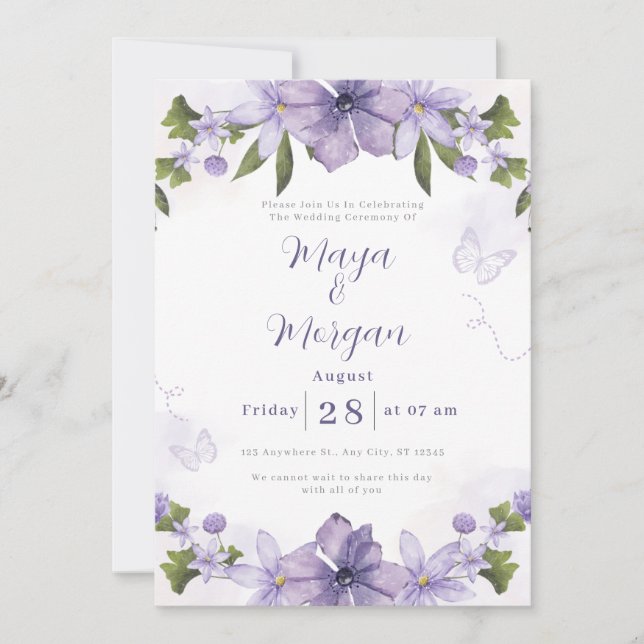 Invitación de boda con flores boho blancas y púrpu (Anverso)