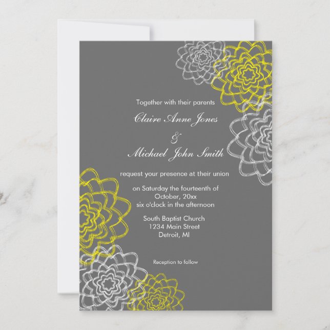 Invitación de boda con flores bosquejadas en gris/ (Anverso)