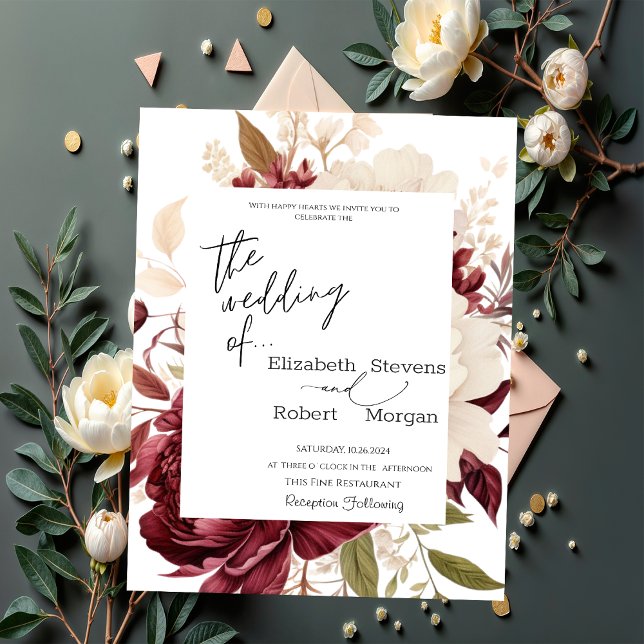 Invitación de Boda con Flores Burgundy Elegantes (Subido por el creador)