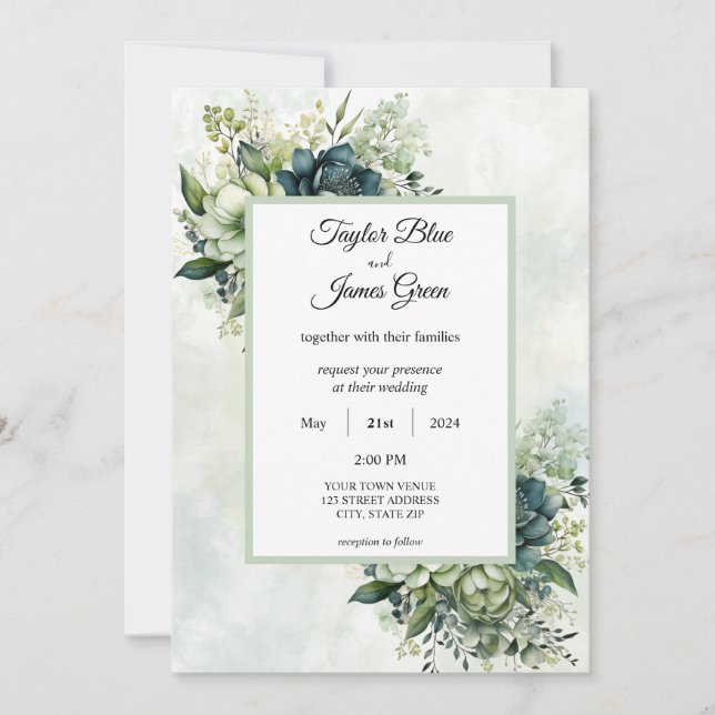 Invitación de boda con flores de acuarela azul ver (Anverso)